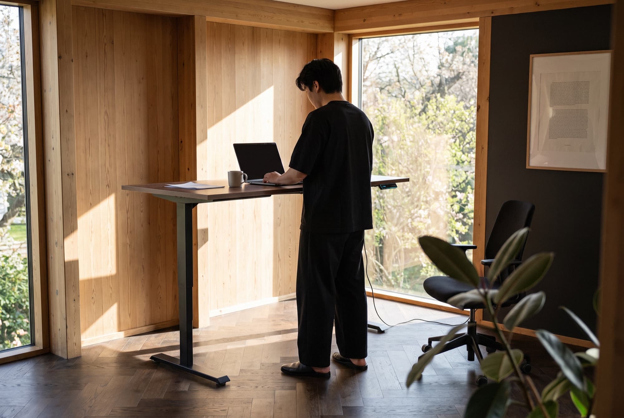 A man works standing at the desk in a timber-clad study, laptop open, tall windows onto a garden casting hard afternoon light across the floor.